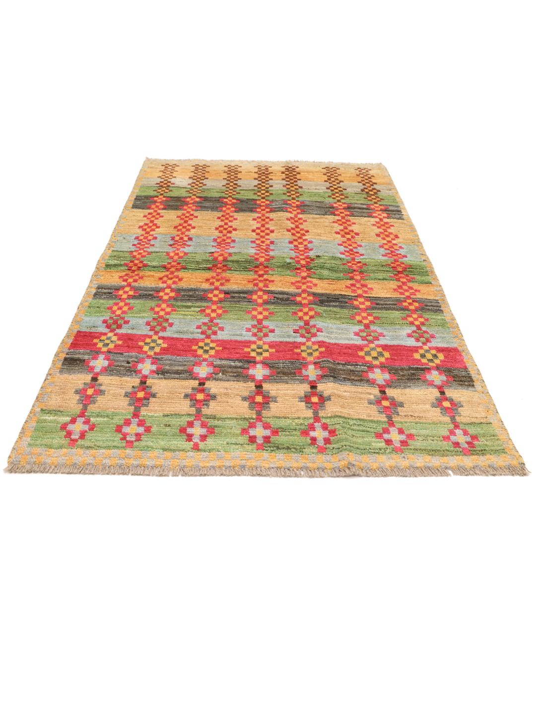 Handmade Afghan rug with multicolored stripes and geometric motifs