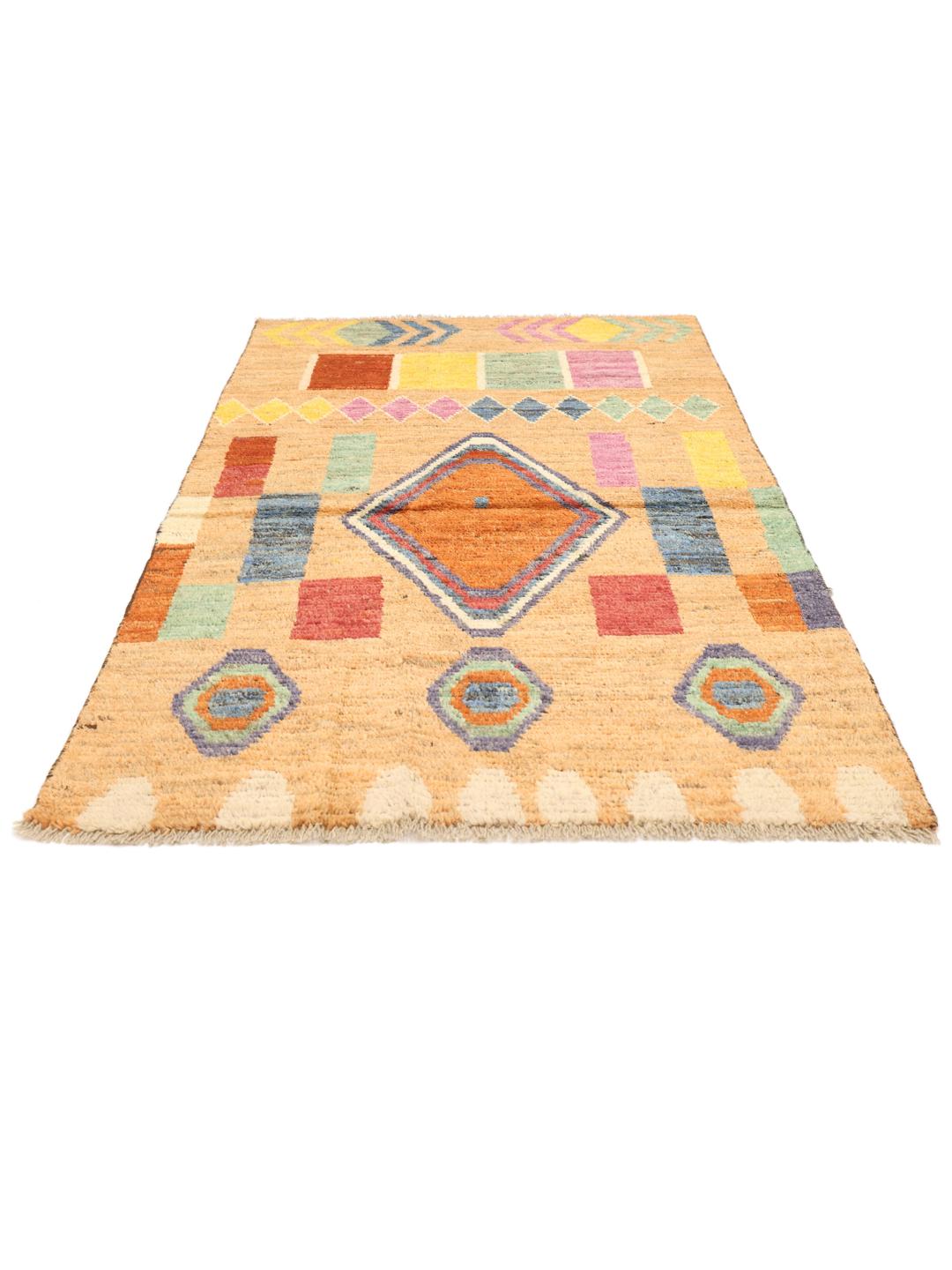 Hand-knotted rug from Afghanistan in beige with colourful geometric motifs