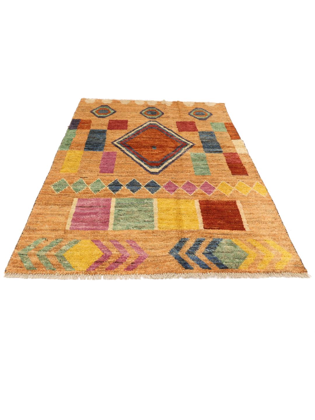 Hand-knotted rug from Afghanistan in beige with colourful geometric motifs