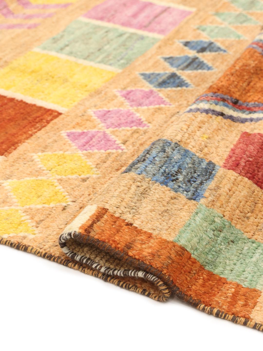 Hand-knotted rug from Afghanistan in beige with colourful geometric motifs