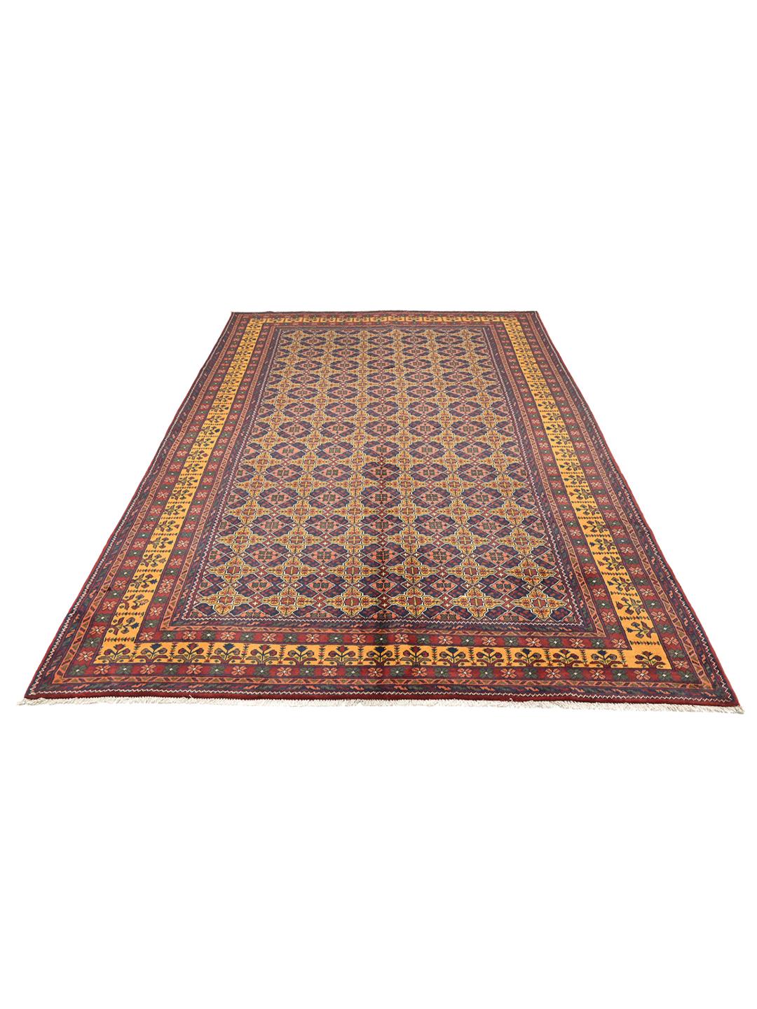 A large hand-knotted Kunduz rug from Afghanistan featuring a dark-red and multicolour geometric pattern.