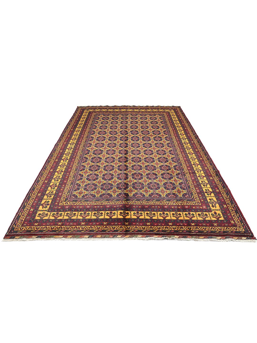 A hand-knotted Kunduz rug from Afghanistan with a dark-red and yellow geometric pattern.