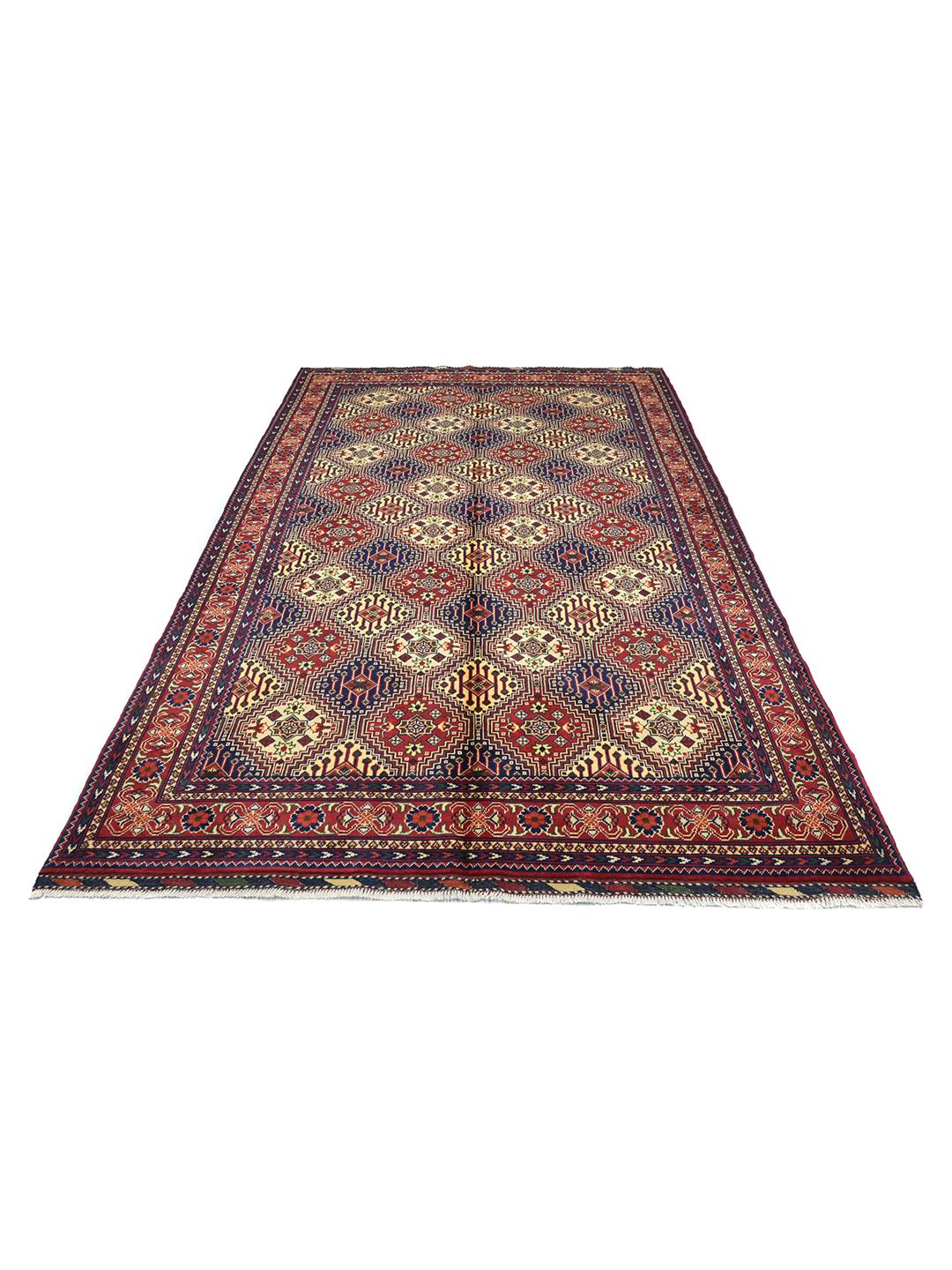 Hand-knotted Afghan Kunduz rug in deep red and blue tones
