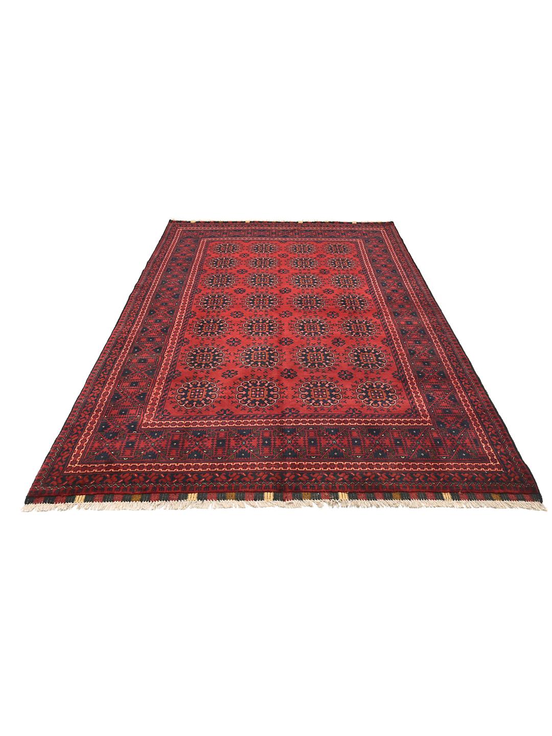 Tapis Kunduz noué main d'Afghanistan rouge profond avec motifs géométriques