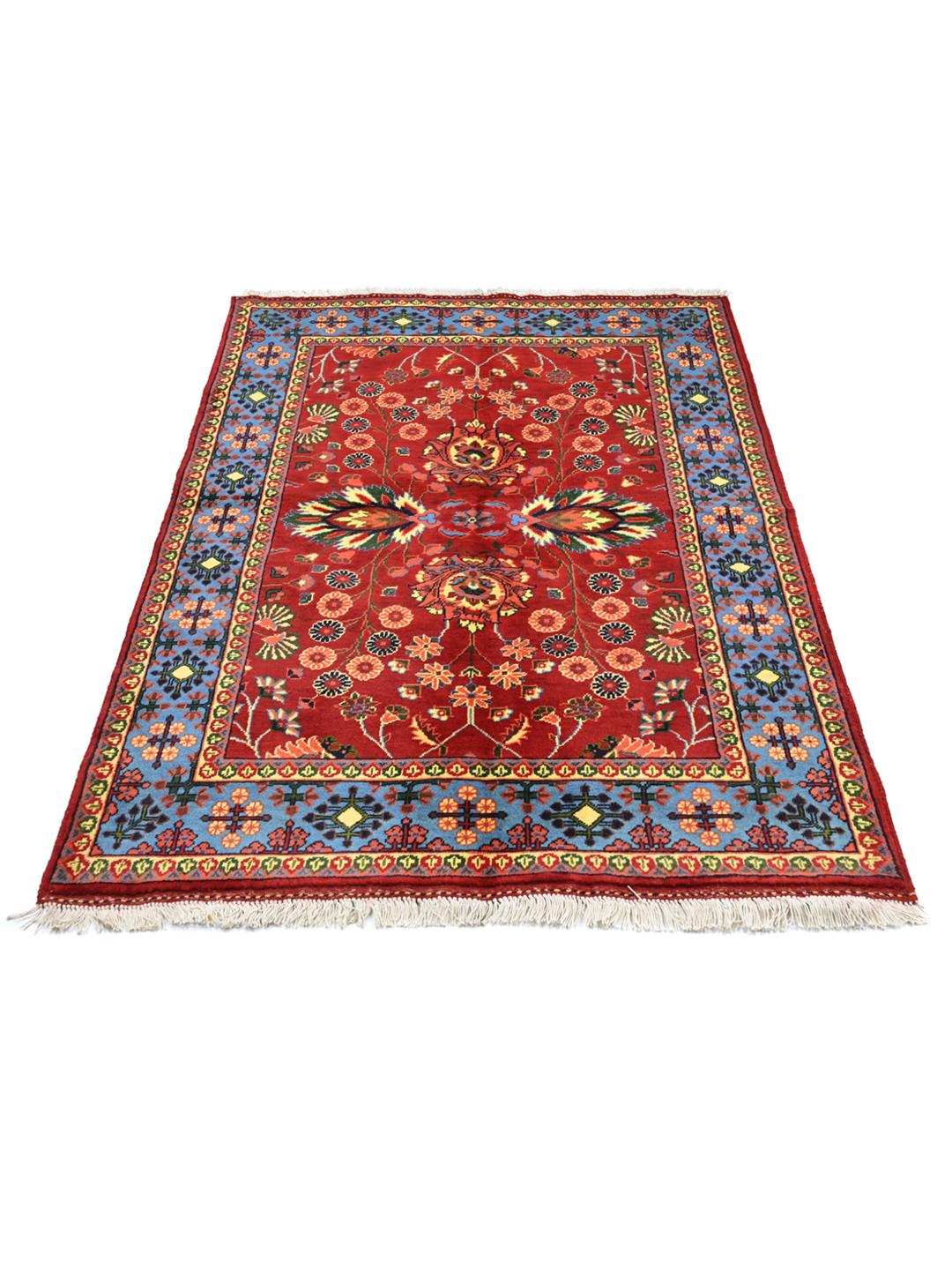Handgeknoopt Afghaans Kunduz-tapijt met een rood veld van Wool en een blauwe rand