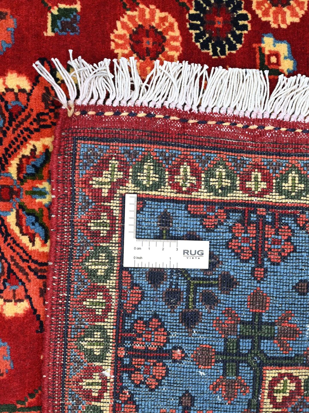 Handgeknoopt Afghaans Kunduz-tapijt met een rood veld van Wool en een blauwe rand