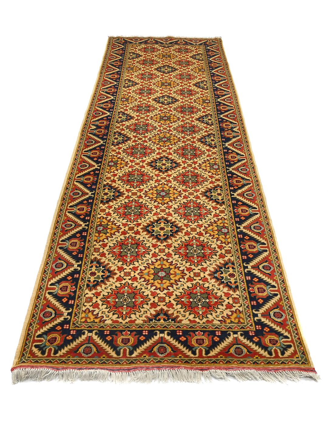 Tapis de couloir Kunduz noué à la main venant d'Afghanistan dans des tons rouges et bleus