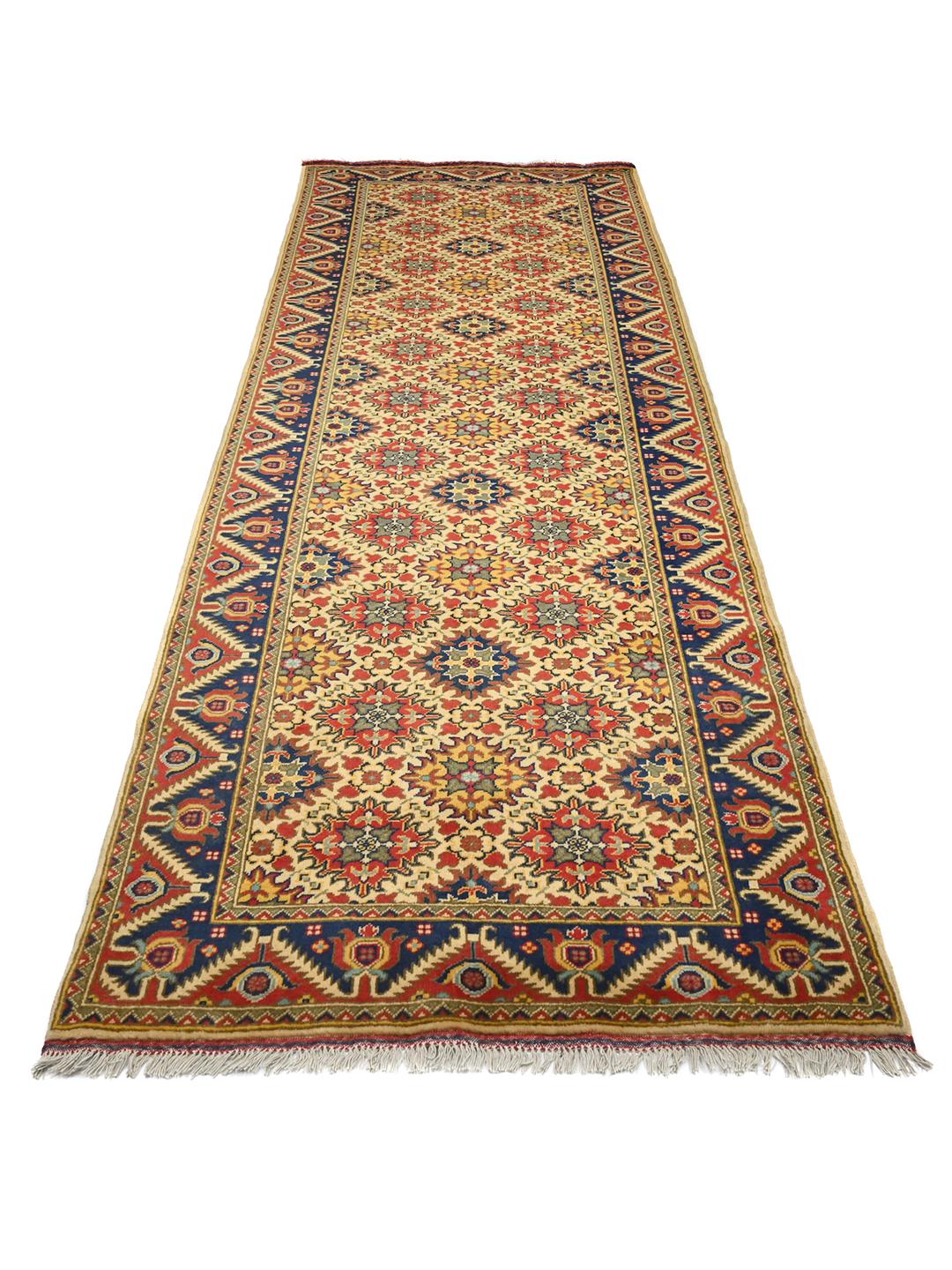 Tapis de couloir Kunduz noué à la main venant d'Afghanistan dans des tons rouges et bleus