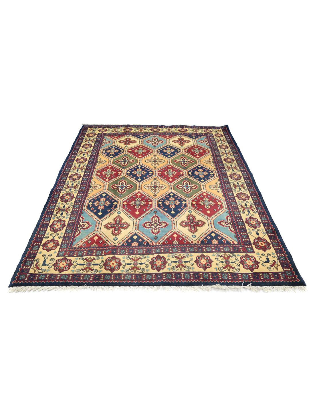 A hand-knotted Kunduz rug from the Middle East featuring a geometric diamond pattern in multicolor wool.