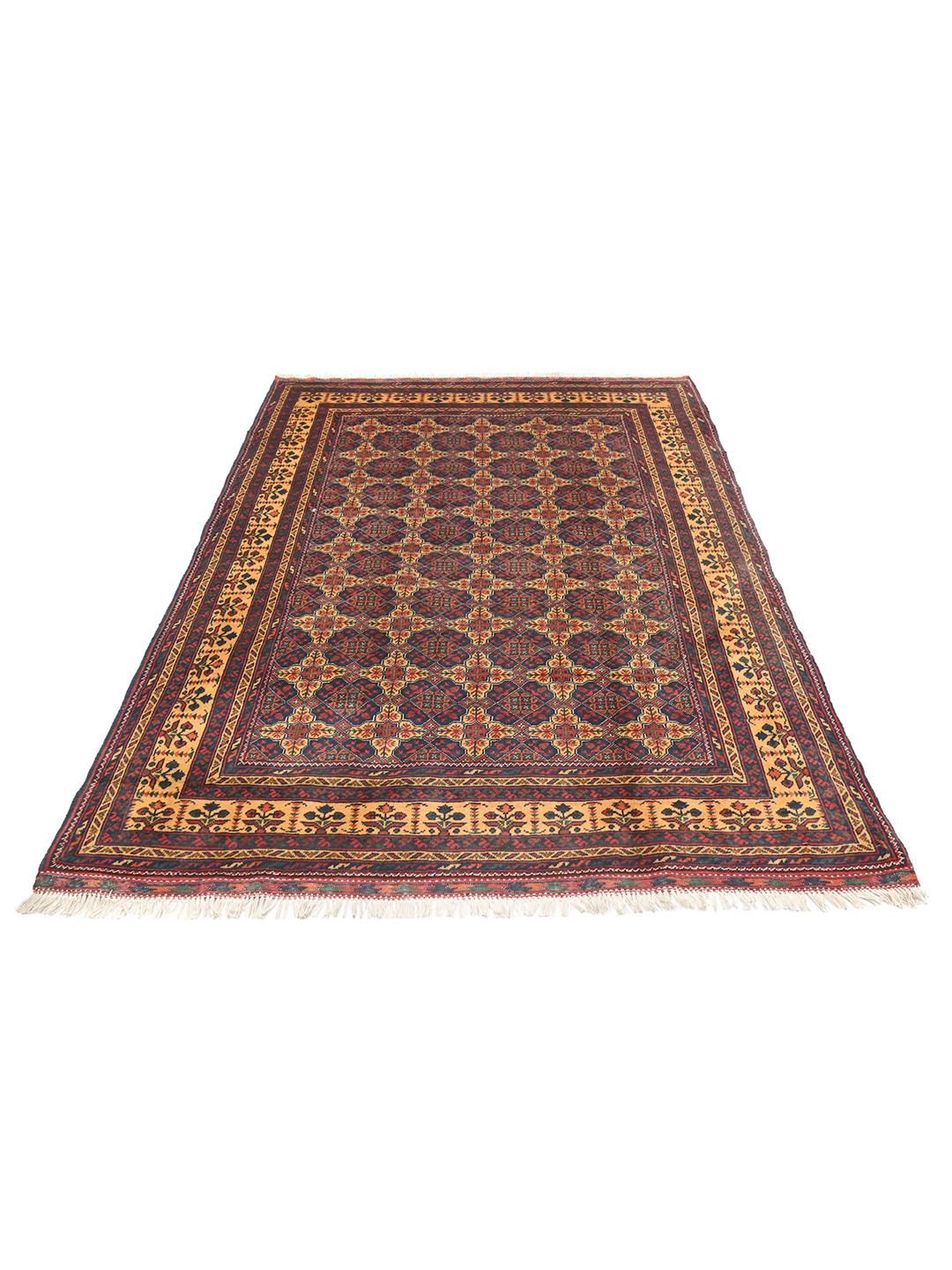 Un tapis Kunduz noué à la main originaire d'Afghanistan avec un motif géométrique rouge et bleu.