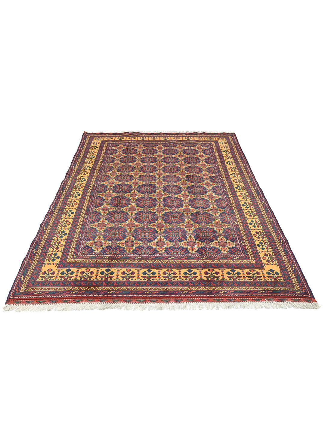Un tapis Kunduz noué à la main originaire d'Afghanistan avec un motif géométrique rouge et bleu.