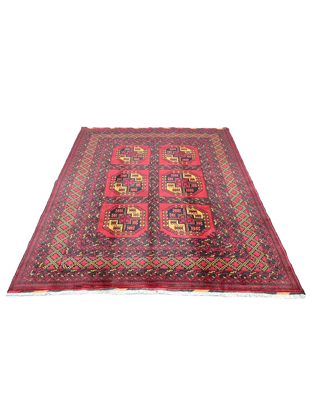 Hand-knotted Middle Eastern Kunduz rug in deep red and black tones