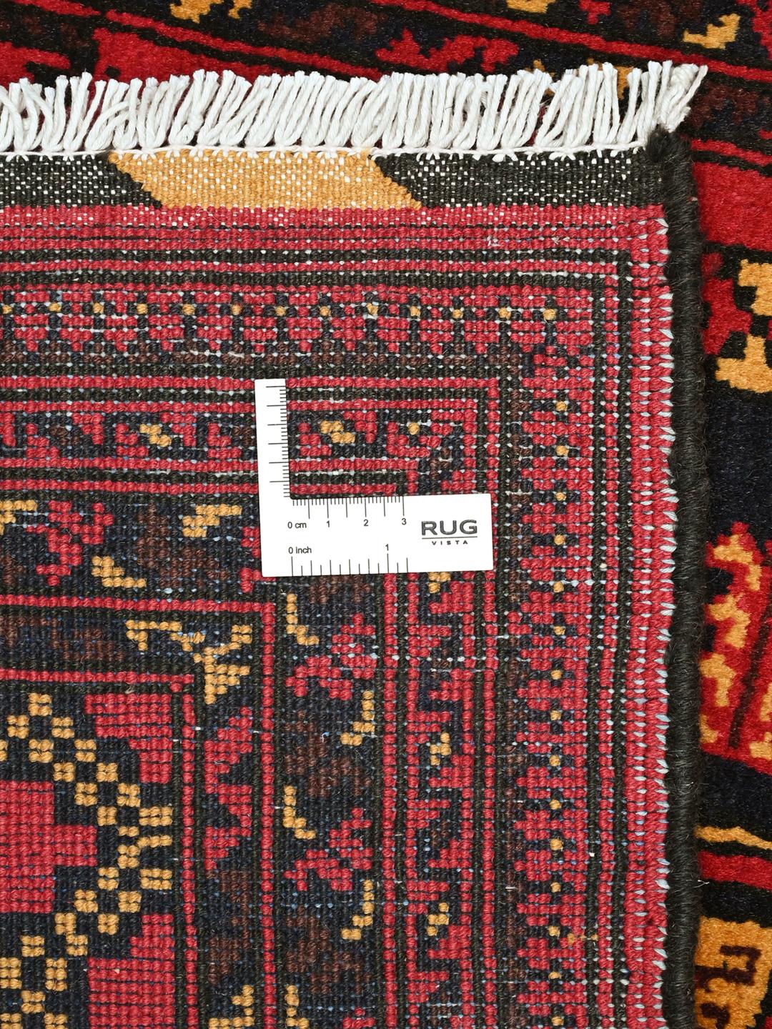 Hand-knotted Middle Eastern Kunduz rug in deep red and black tones