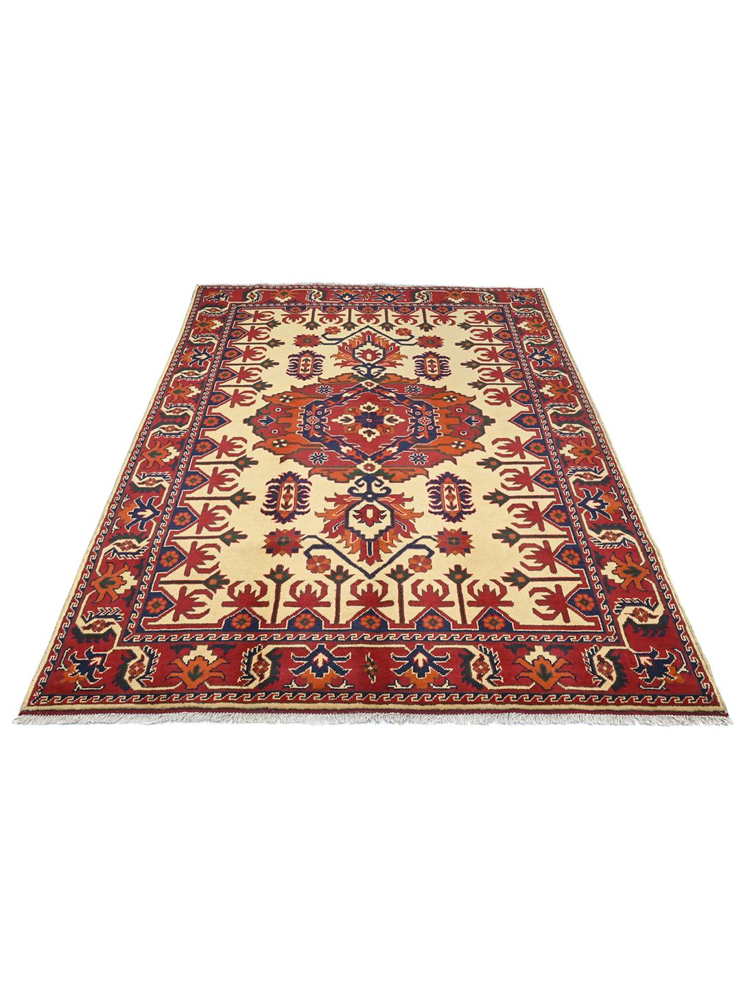 Hand-knotted Kunduz wool rug in beige and dark-red from Afghanistan