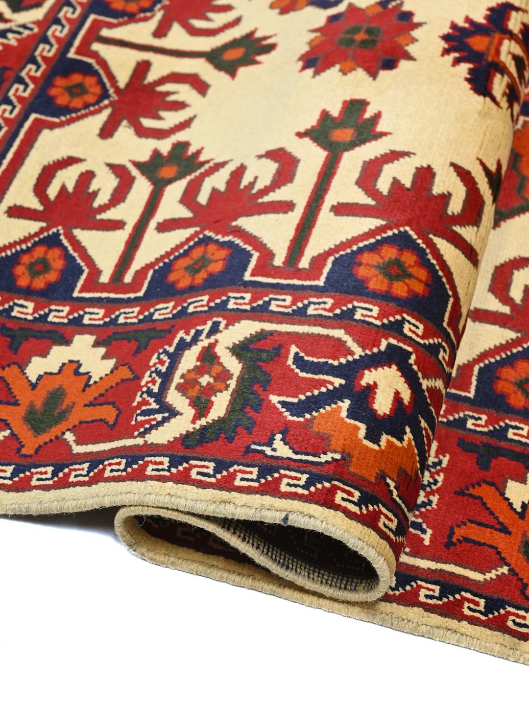 Hand-knotted Kunduz wool rug in beige and dark-red from Afghanistan