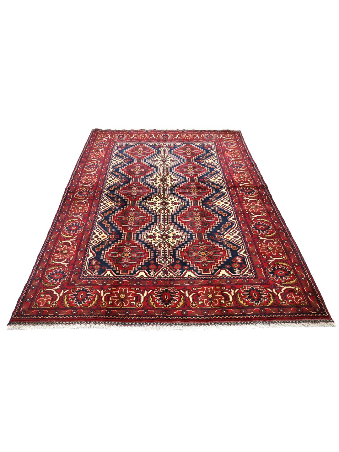 Handmade Afghan Kunduz rug in red and dark blue