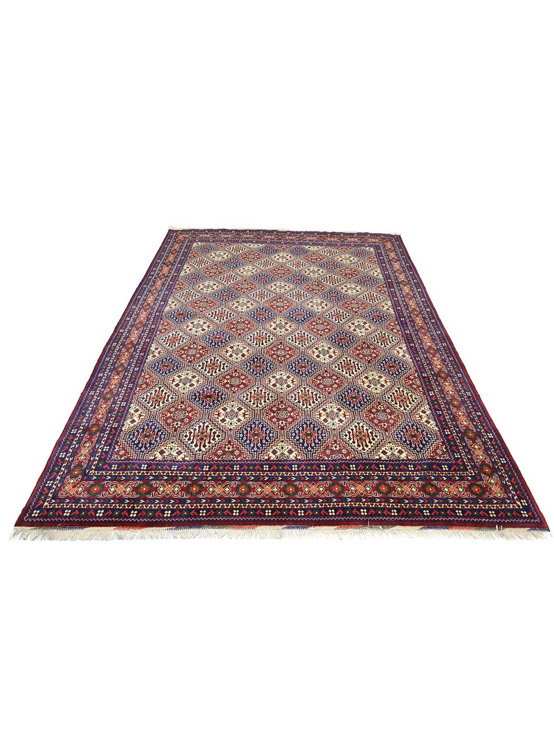 Hand-knotted red Afghan Kunduz rug with geometric patterns