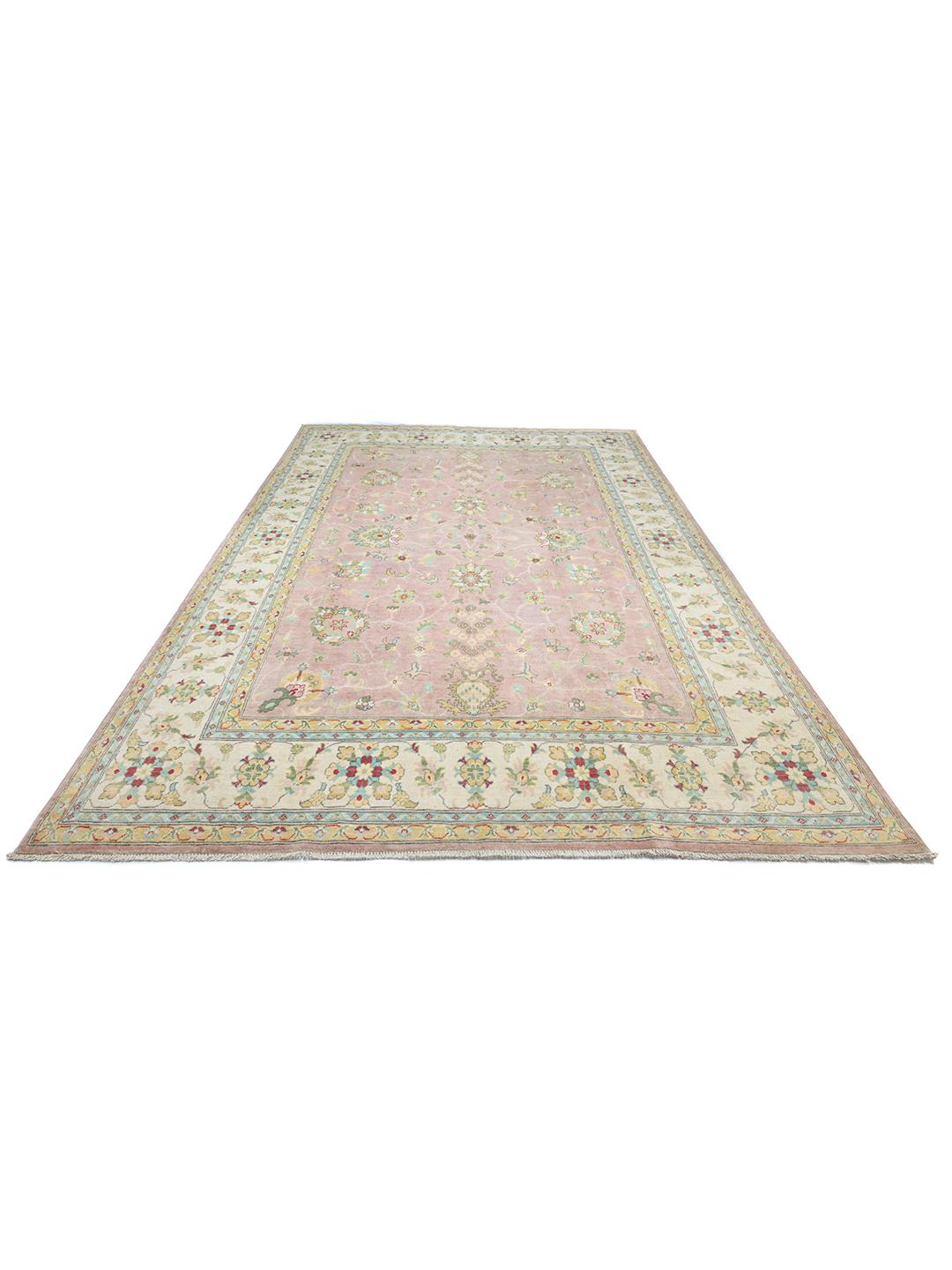 Tapis en laine noué main d'Afghanistan en rose clair et crème avec des détails floraux