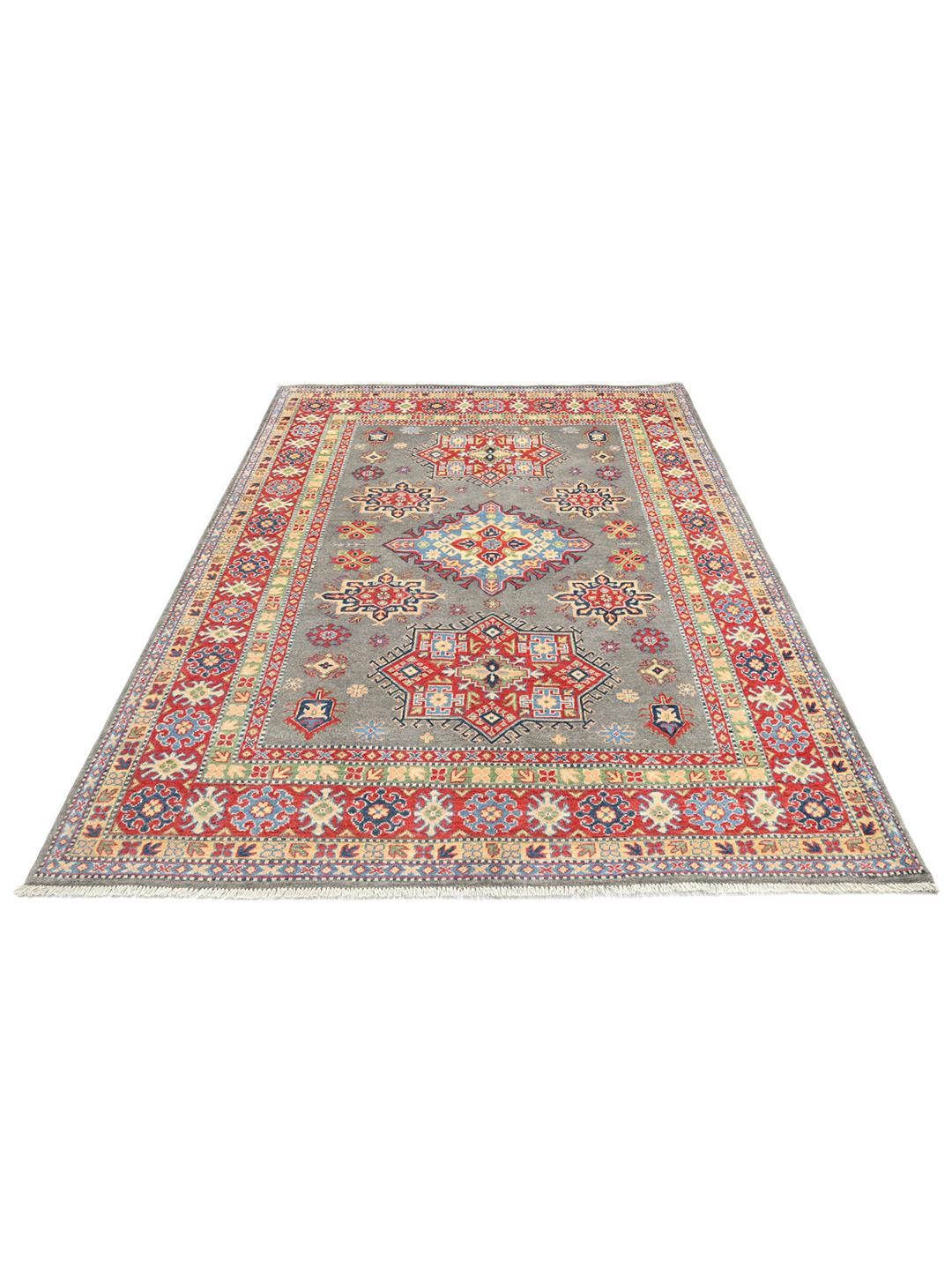 Hand-knotted Kazak Fine wool rug in grey and red from Afghanistan