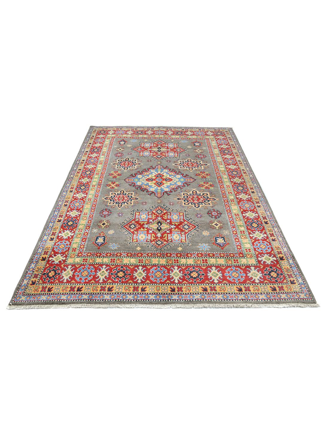 Hand-knotted Kazak Fine wool rug in grey and red from Afghanistan