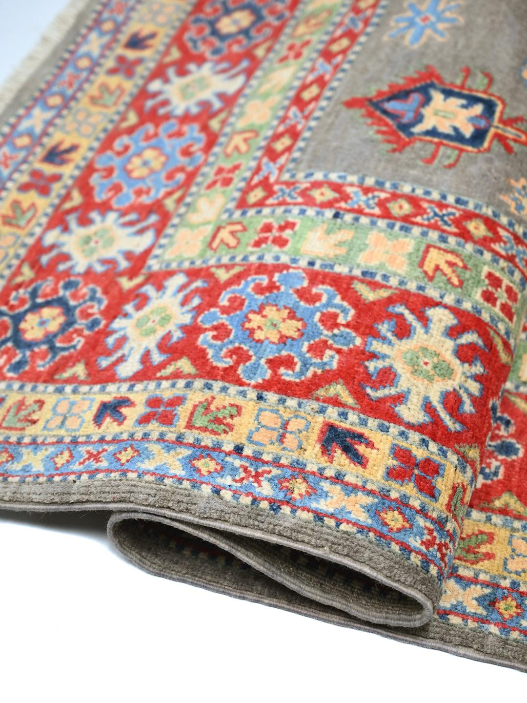 Hand-knotted Kazak Fine wool rug in grey and red from Afghanistan