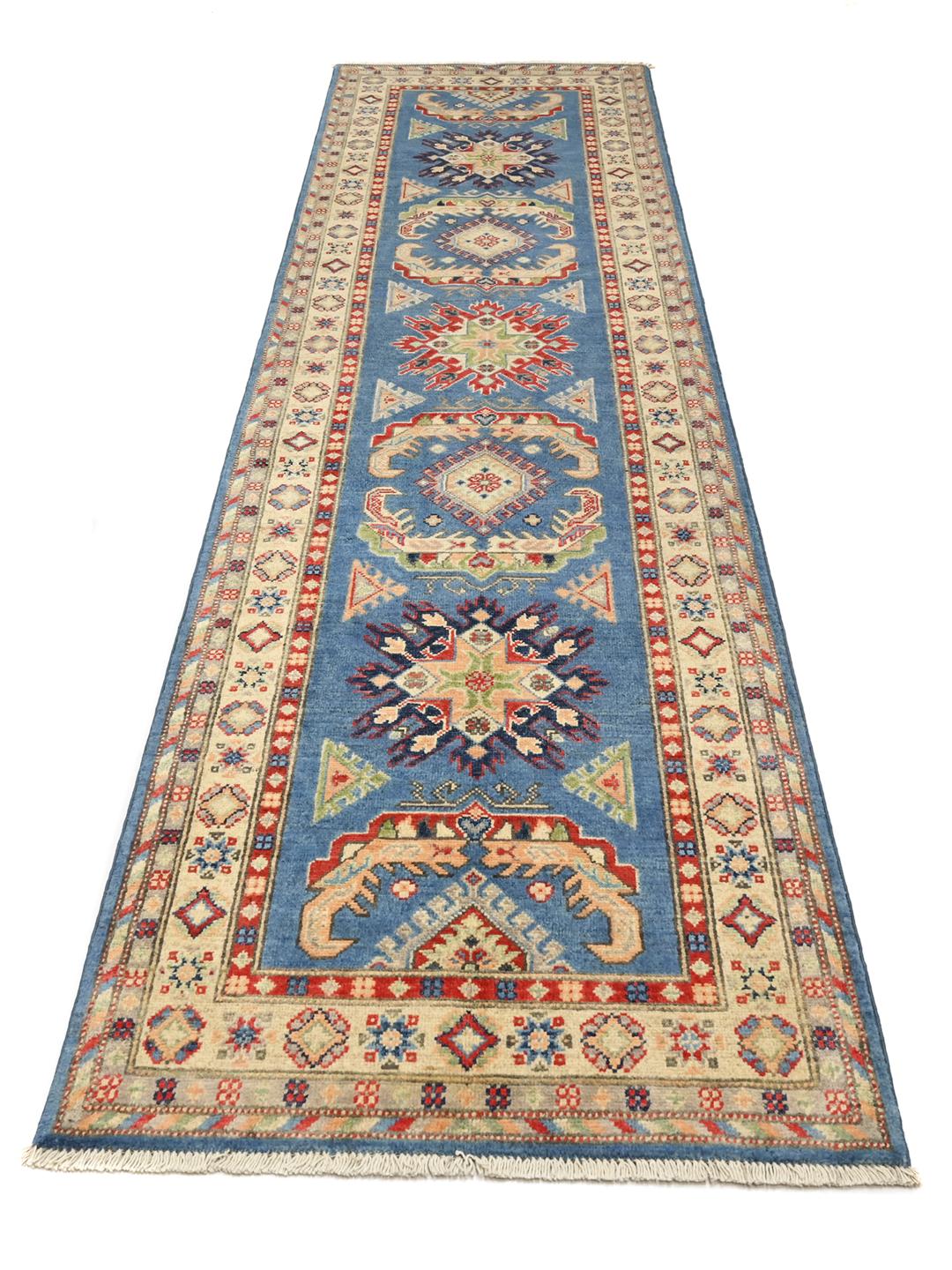 Handgeknoopte Kazak Fine wollen loper uit Afghanistan in blauw en beige