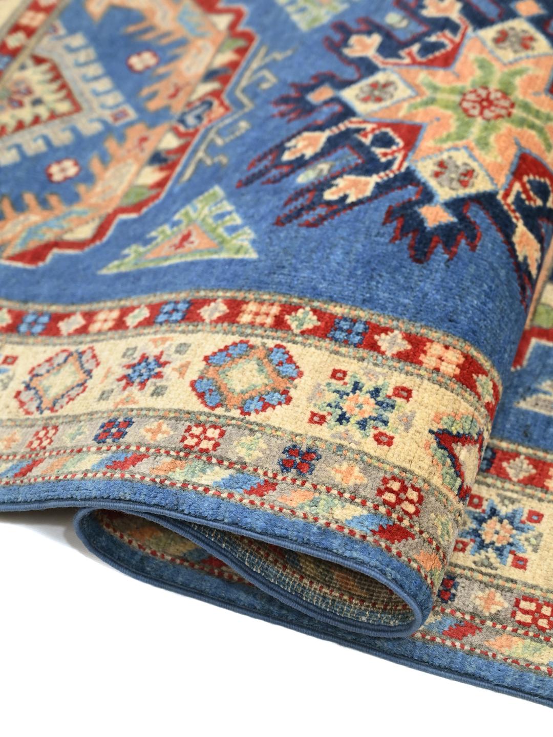 Handgeknoopte Kazak Fine wollen loper uit Afghanistan in blauw en beige