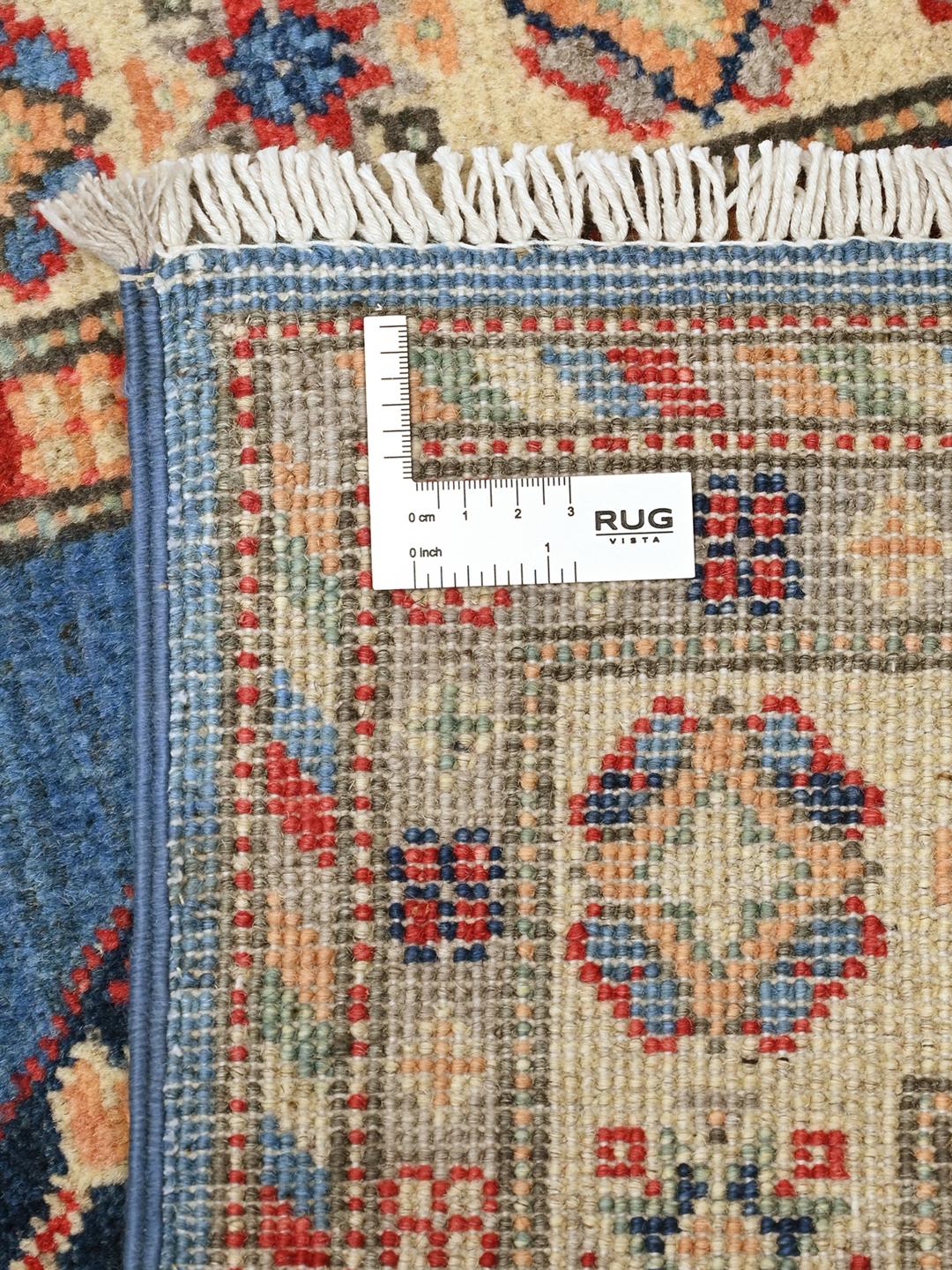 Handgeknoopte Kazak Fine wollen loper uit Afghanistan in blauw en beige