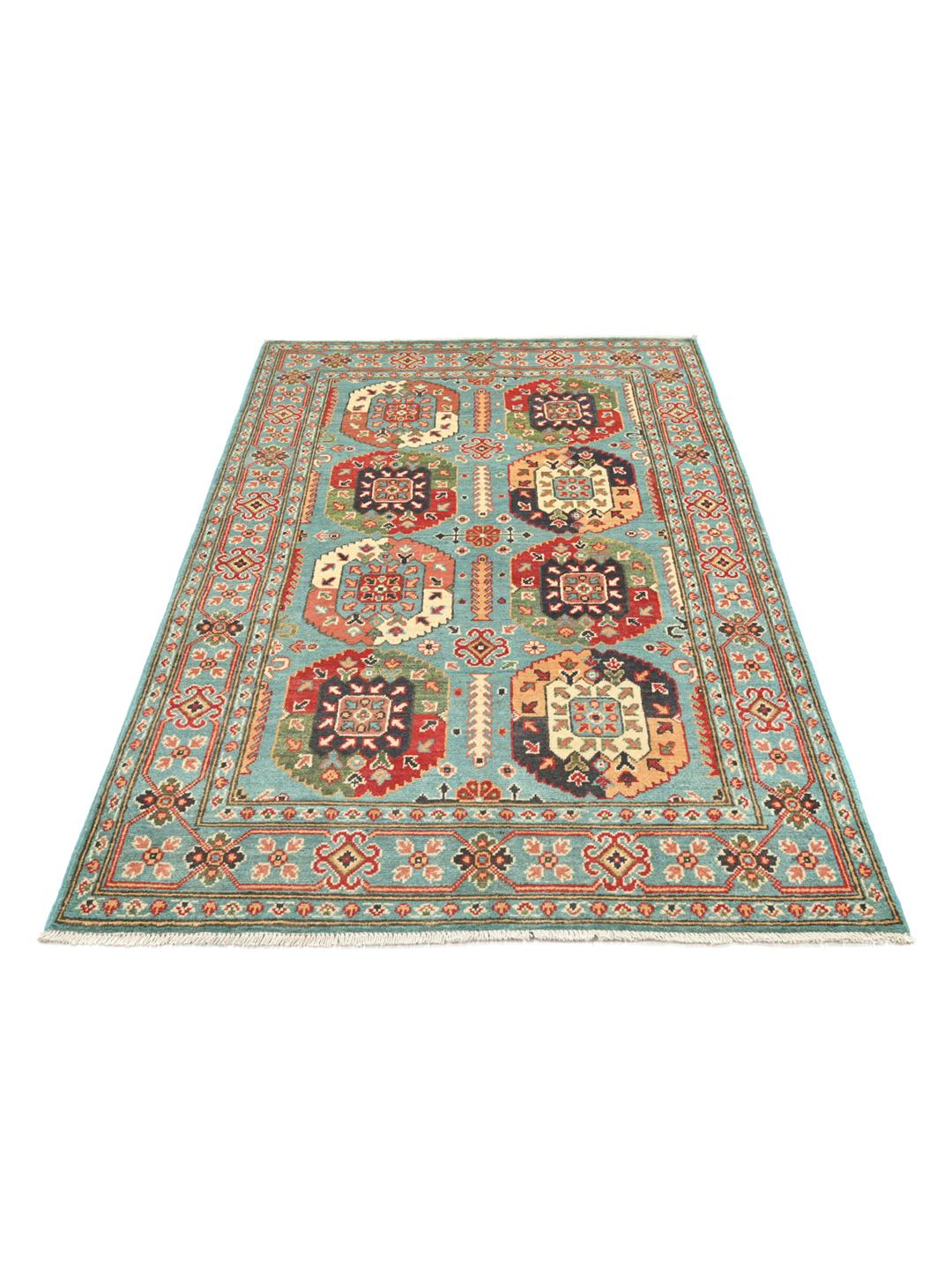 Covor din lână Kazak Fine înnodat manual din Afganistan în nuanțe de albastru deschis și multicolor