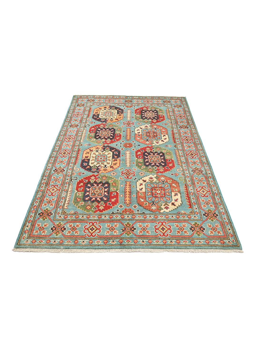 Covor din lână Kazak Fine înnodat manual din Afganistan în nuanțe de albastru deschis și multicolor