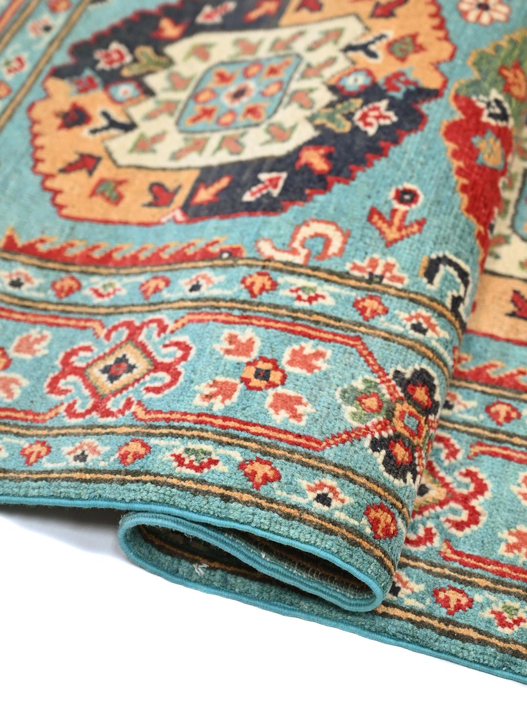Covor din lână Kazak Fine înnodat manual din Afganistan în nuanțe de albastru deschis și multicolor