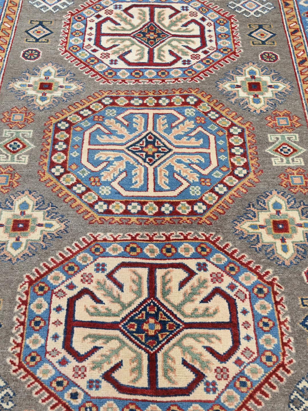 Hand-knotted Kazak Fine wool rug from Afghanistan in blue and grey