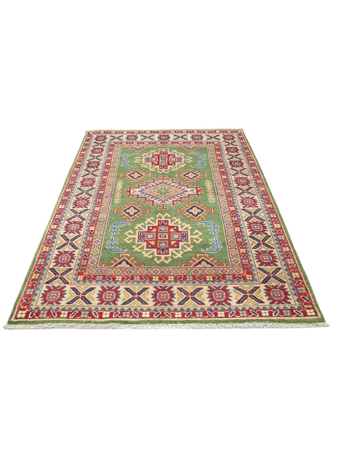 Hand-knotted Kazak Fine rug from Afghanistan in green and multicolor