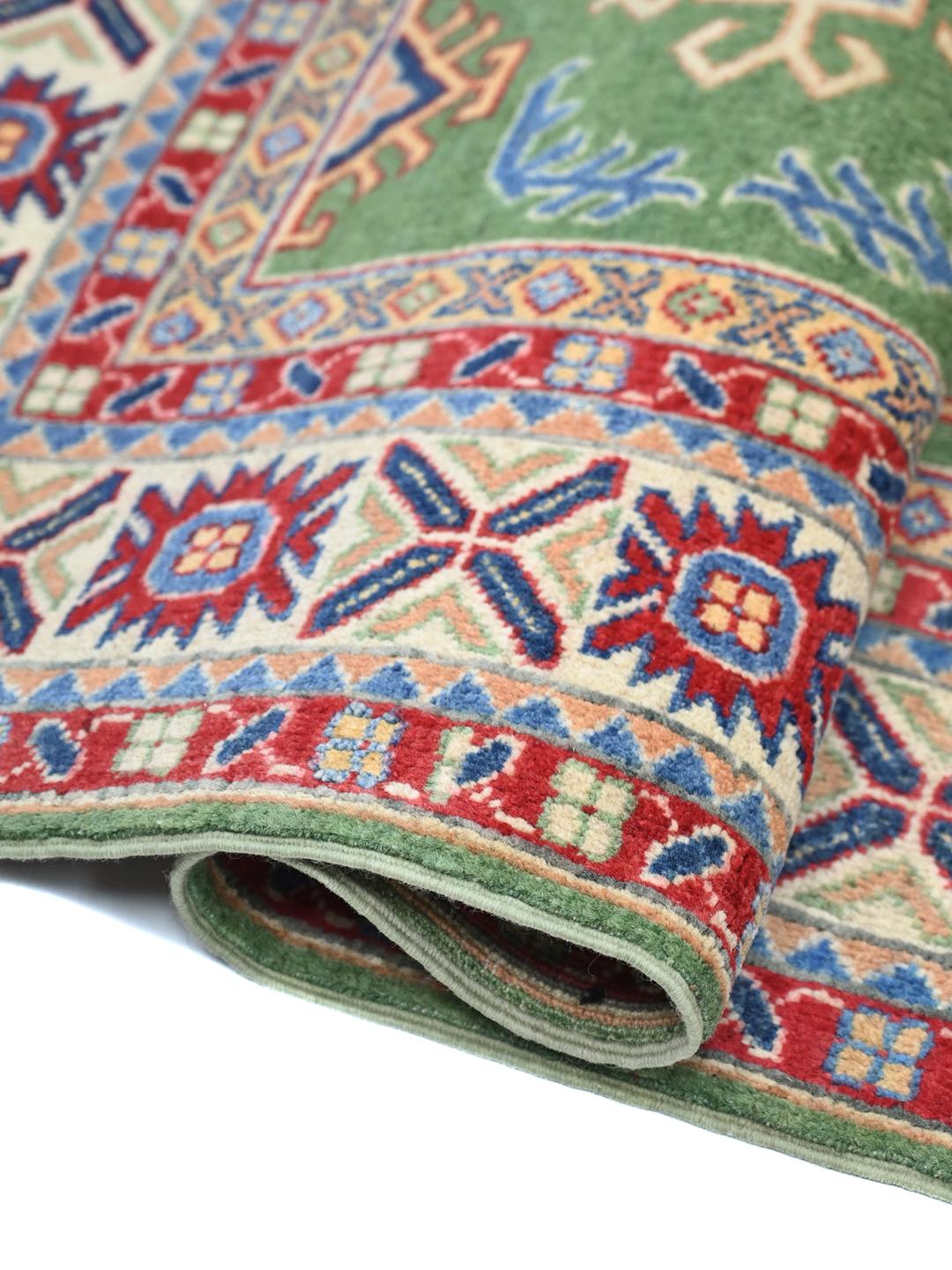 Hand-knotted Kazak Fine rug from Afghanistan in green and multicolor