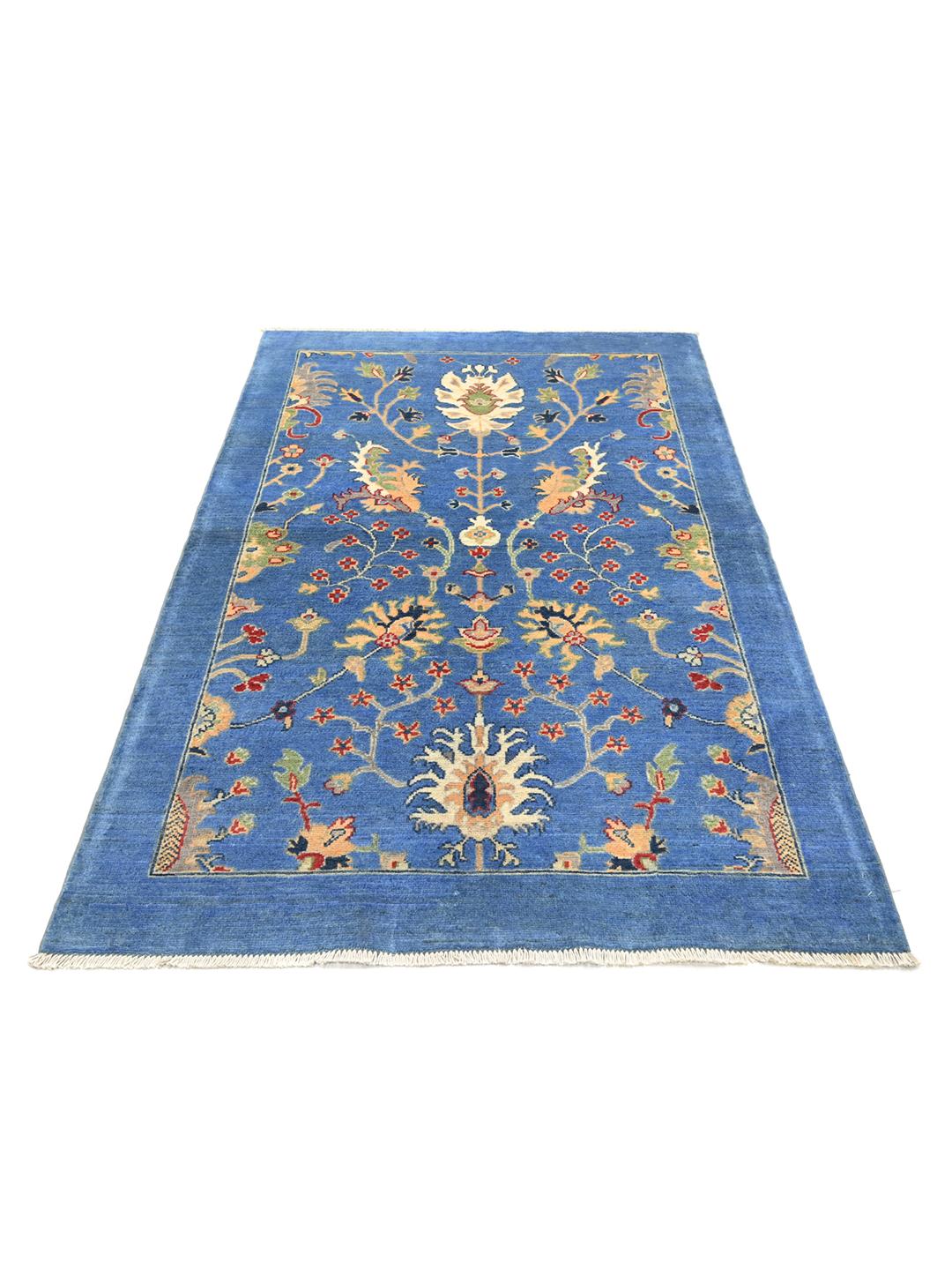 Handgeknoopt Kazak Fine wollen tapijt uit Afghanistan in blauw en beige met bloemmotieven