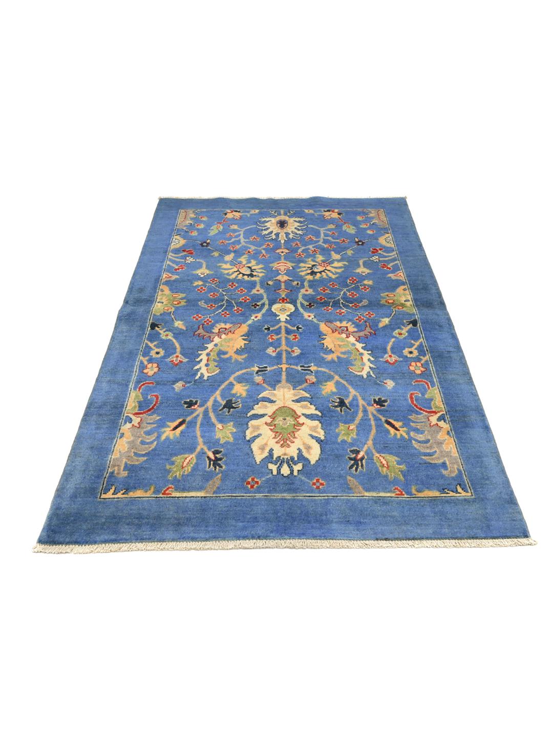 Handgeknoopt Kazak Fine wollen tapijt uit Afghanistan in blauw en beige met bloemmotieven