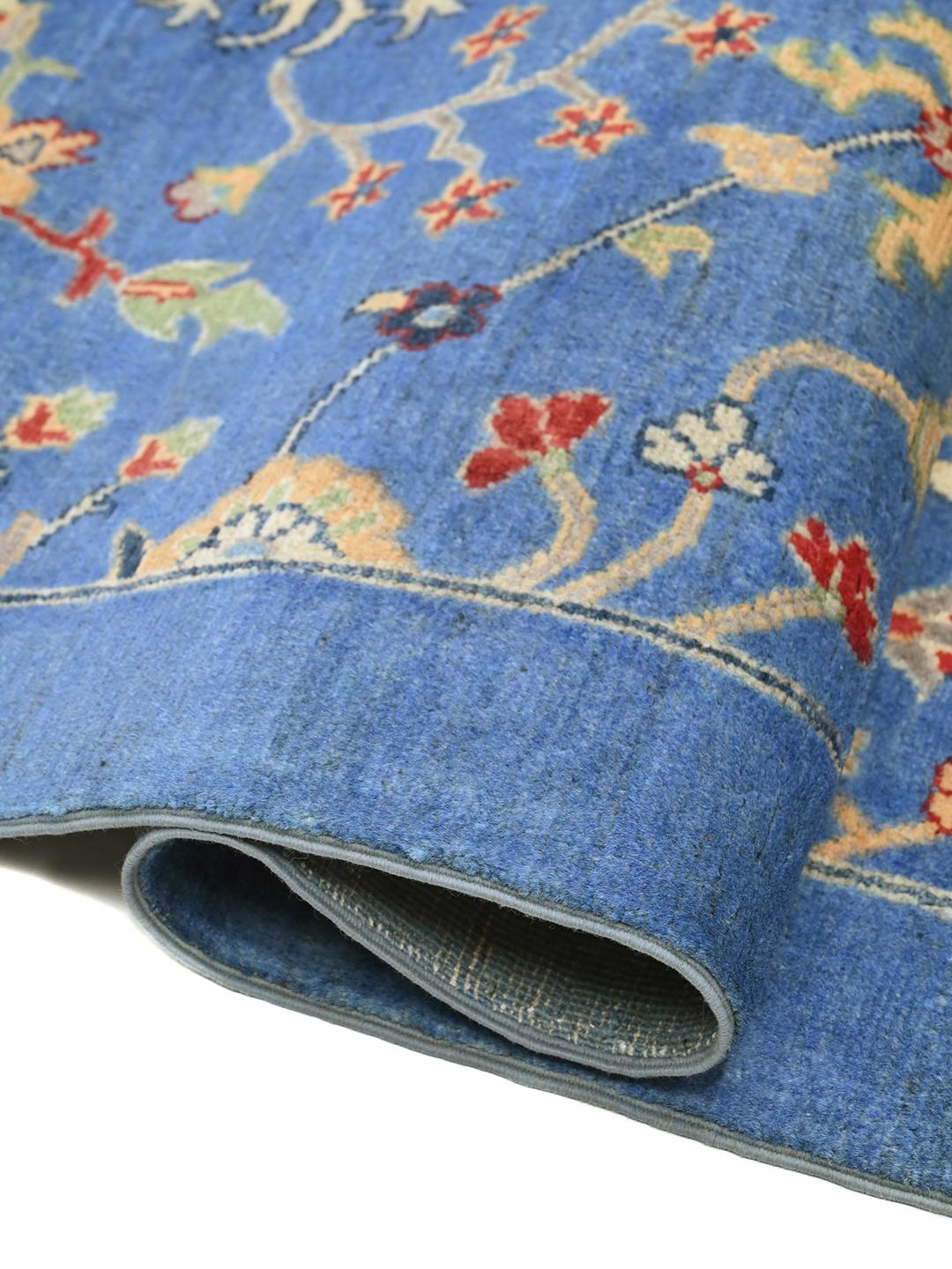 Handgeknoopt Kazak Fine wollen tapijt uit Afghanistan in blauw en beige met bloemmotieven