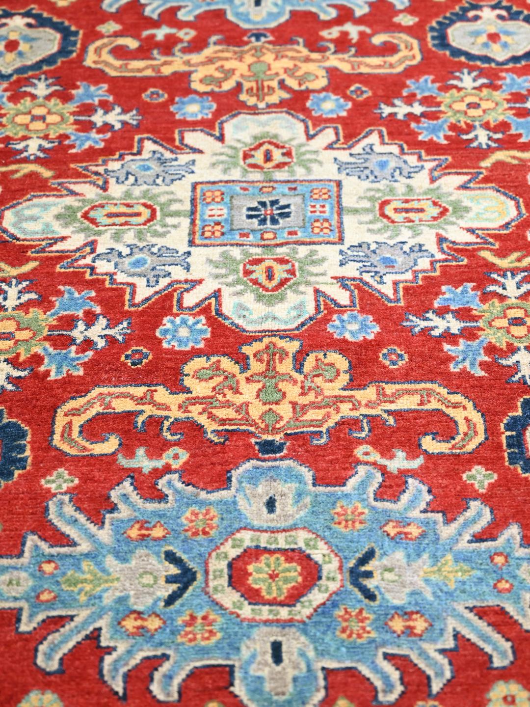 Hand-knotted Kazak Fine wool rug from Afghanistan in red and blue