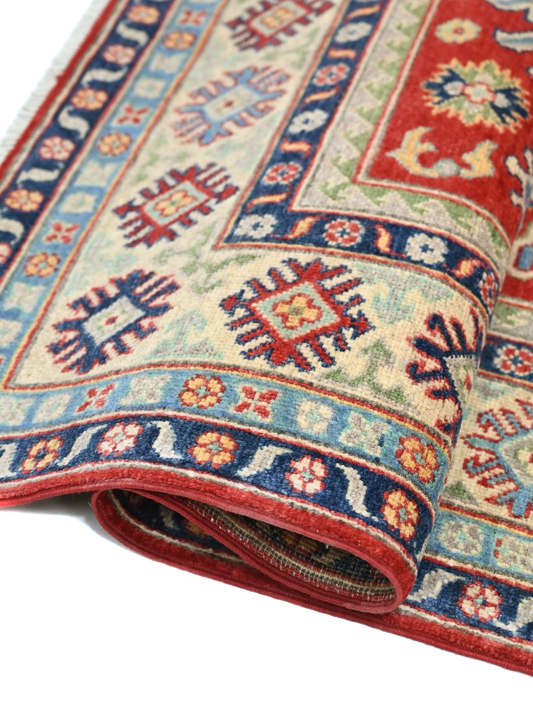 Hand-knotted Kazak Fine wool rug from Afghanistan in red and blue