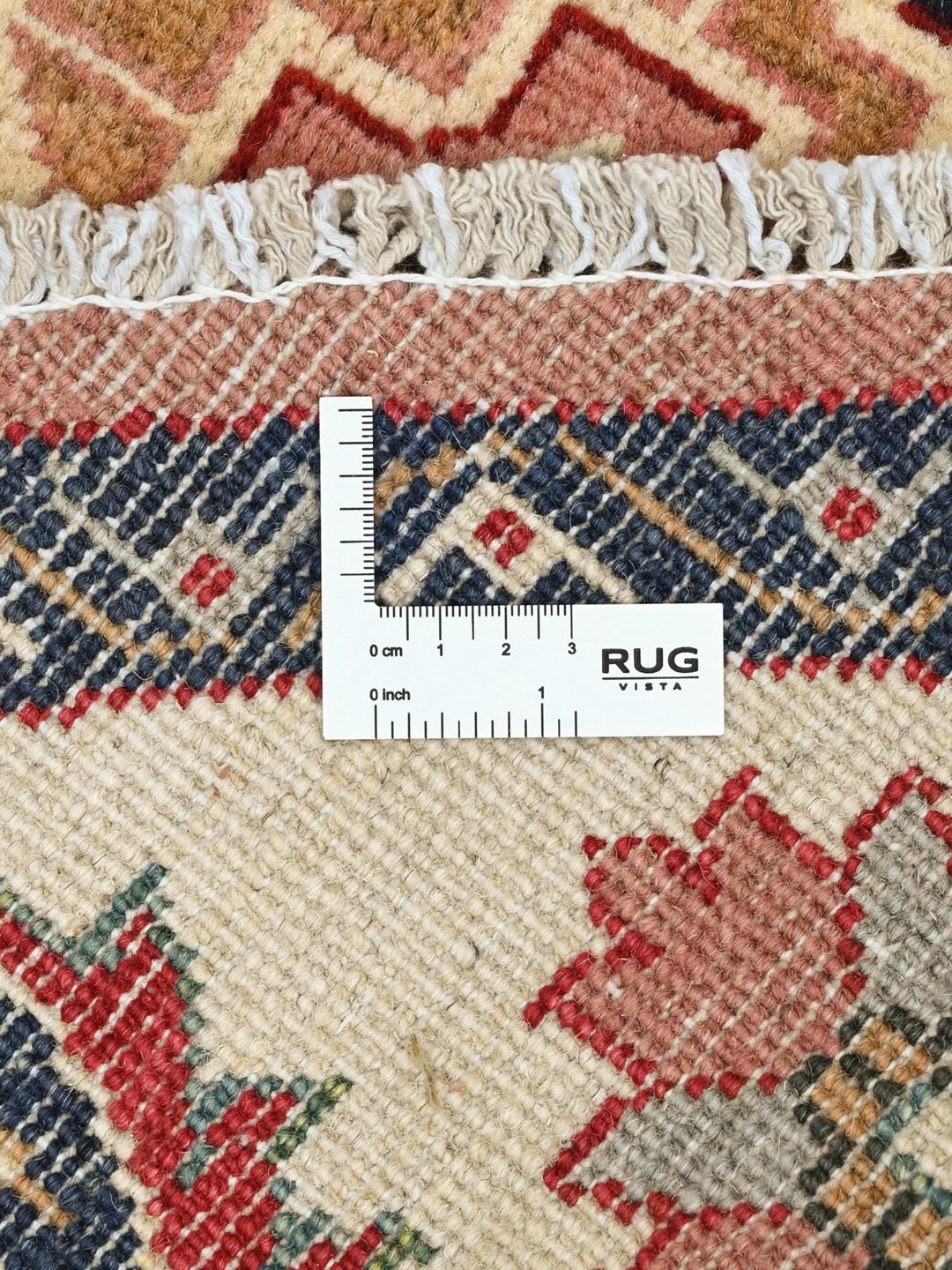 Håndknyttet rundt Kazak Fine uldtæppe i rød og beige fra Afghanistan