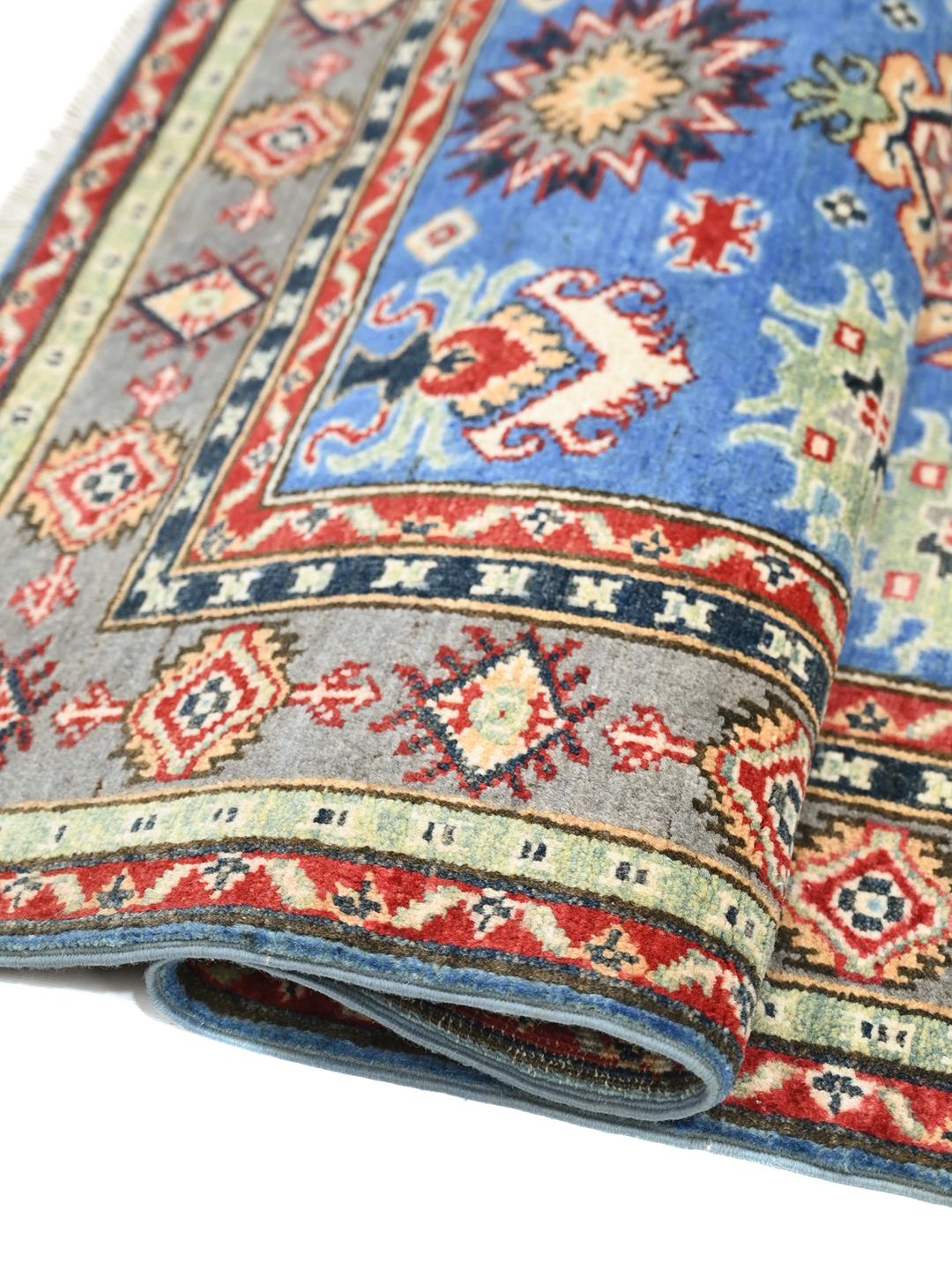 Hand-knotted Kazak Fine wool rug from Afghanistan in blue and red