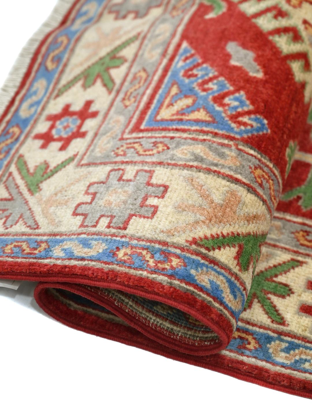 Hand-knotted Kazak Fine wool rug from Afghanistan in red and blue