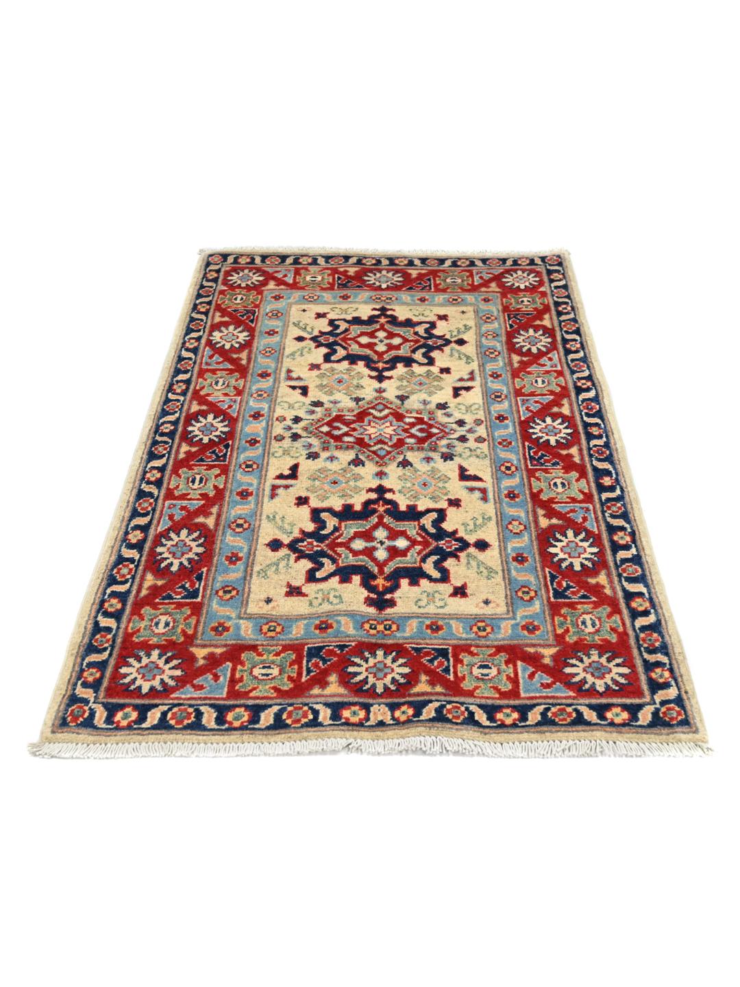 Hand-knotted Afghan Kazak Fine rug in red and blue featuring traditional tribal medallions