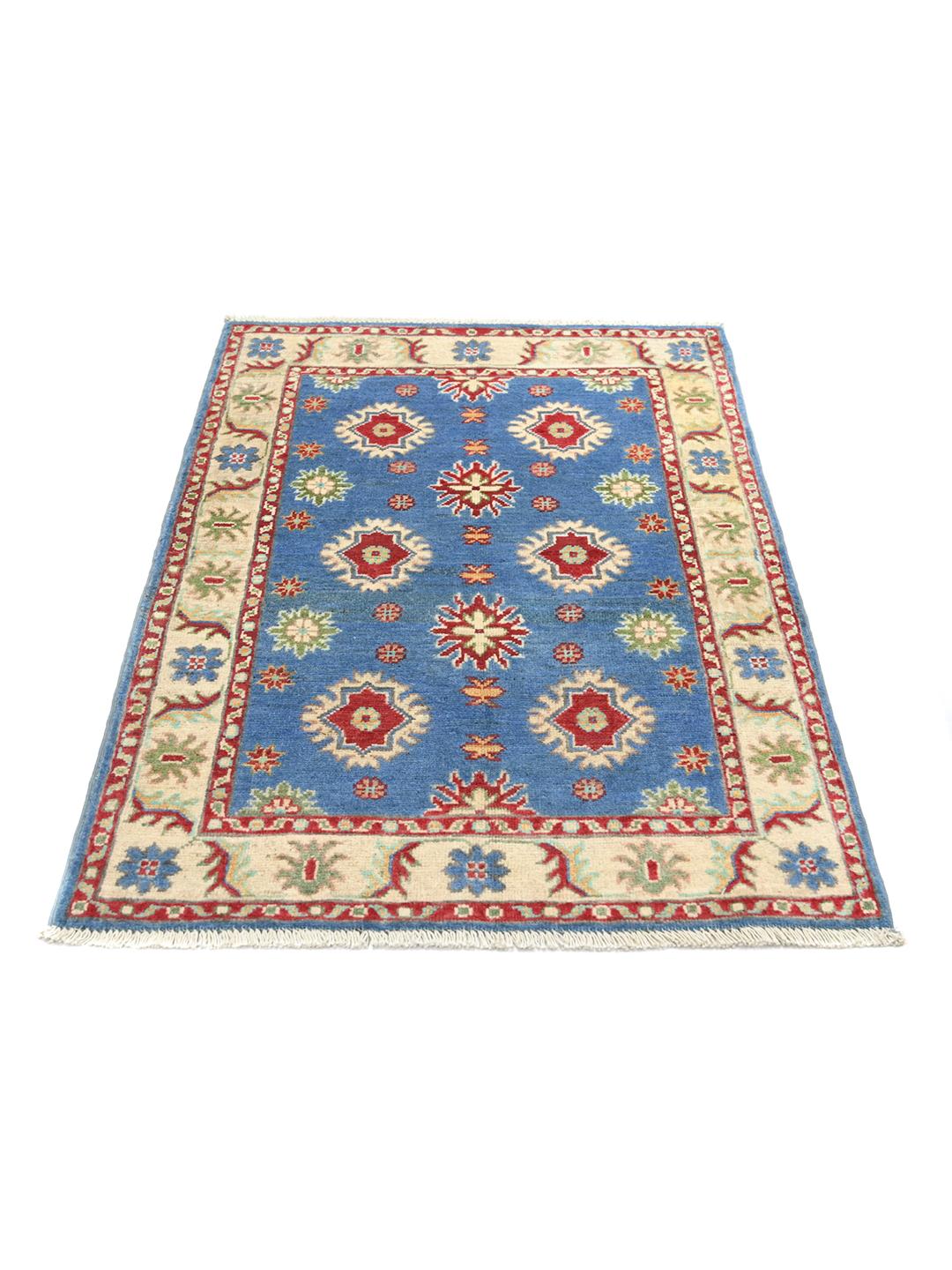 Handgeknoopt Kazak Fine wollen vloerkleed in blauw en rood uit Afghanistan