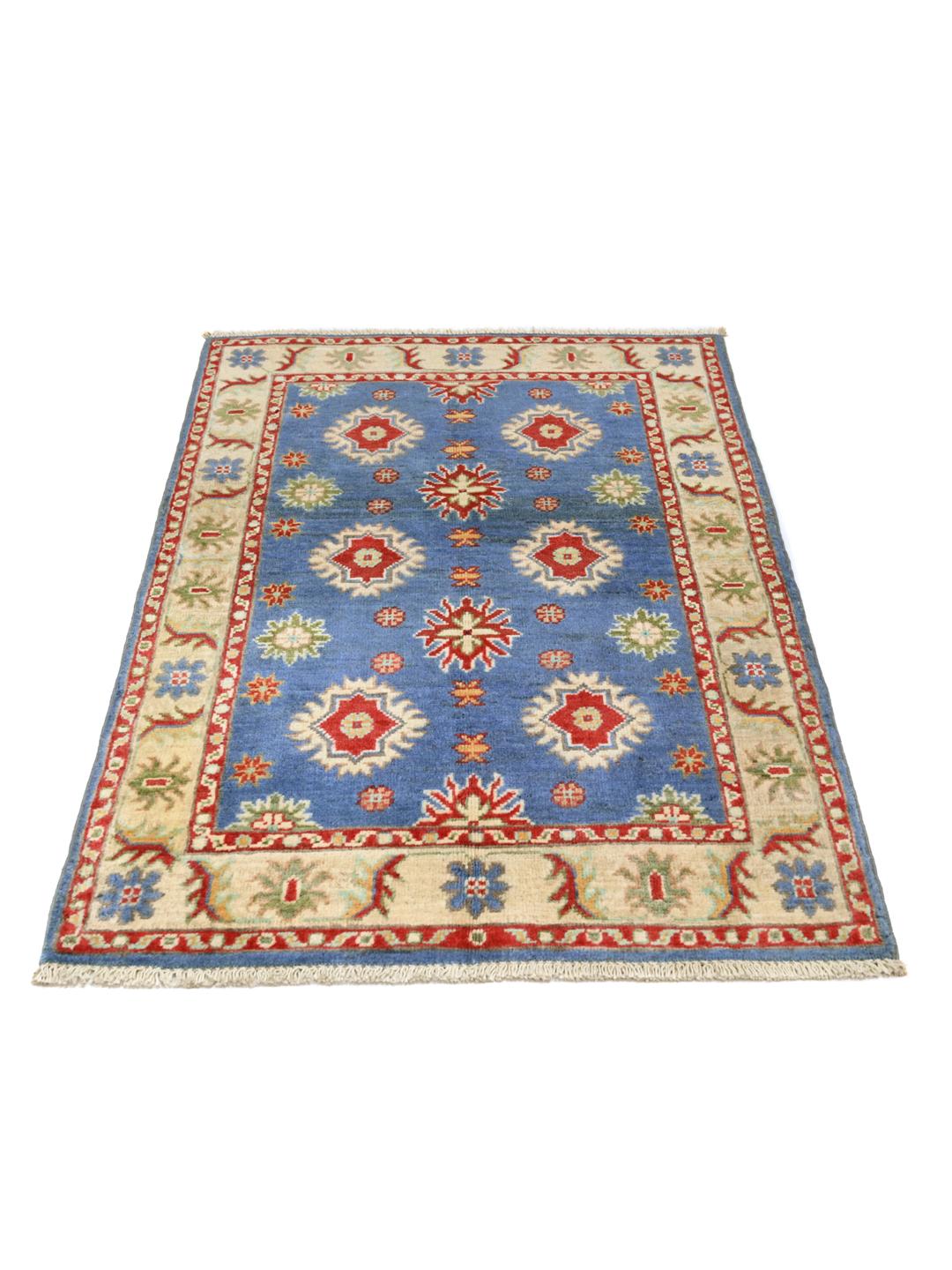 Handgeknoopt Kazak Fine wollen vloerkleed in blauw en rood uit Afghanistan