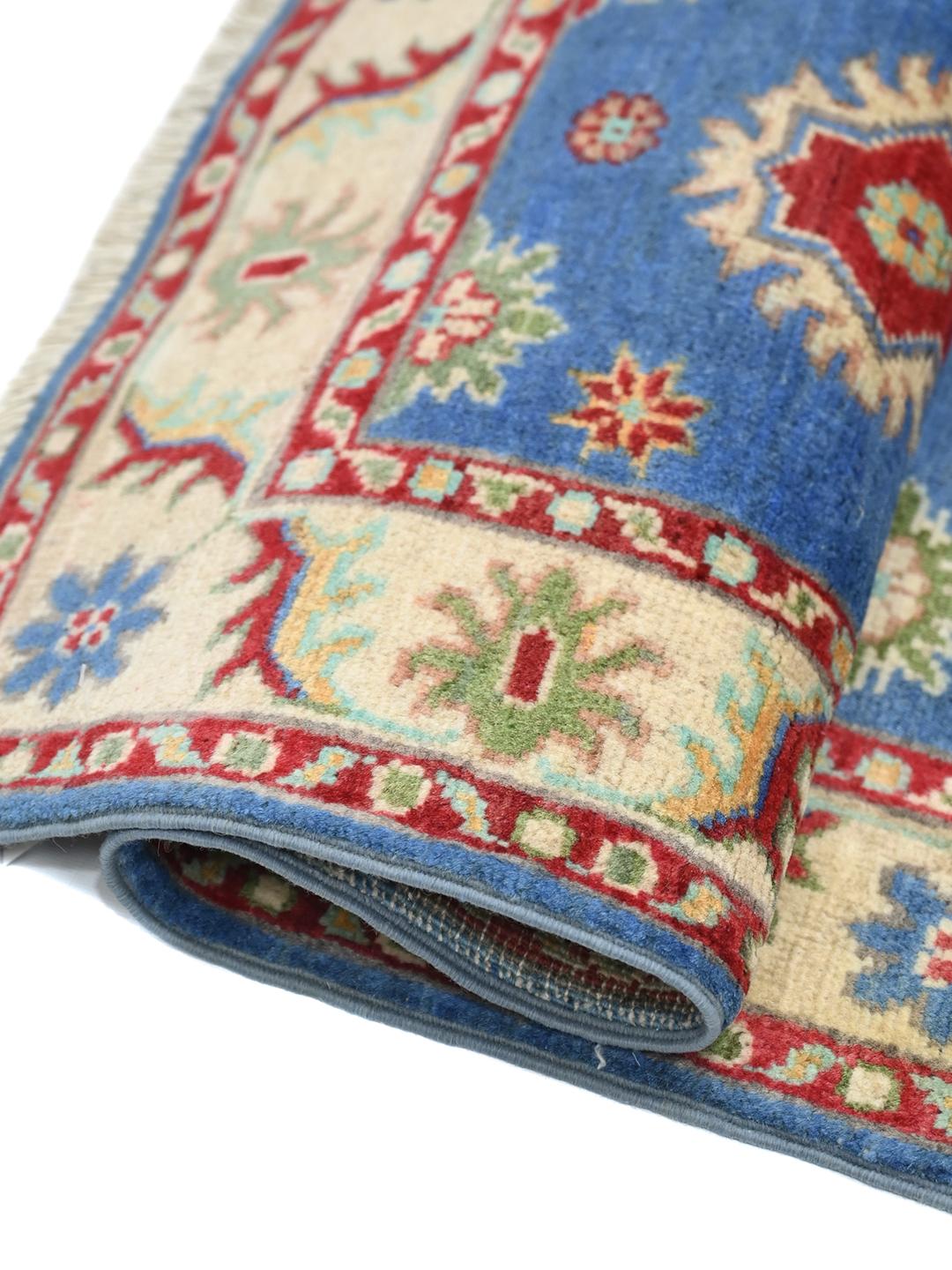 Handgeknoopt Kazak Fine wollen vloerkleed in blauw en rood uit Afghanistan