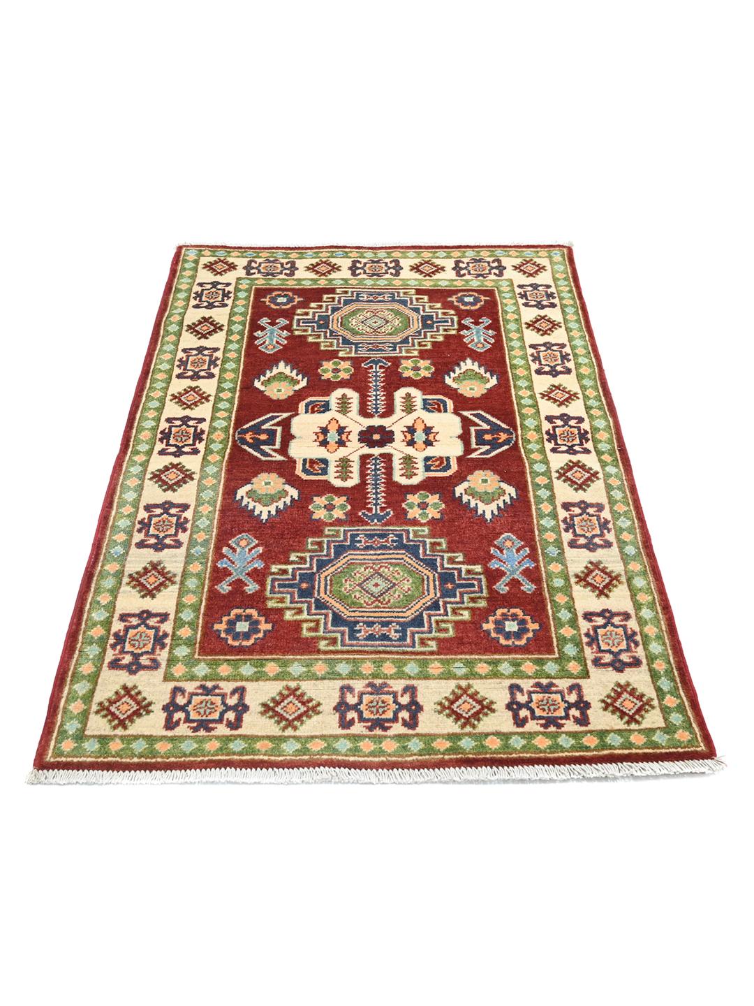 Alfombra Kazak de 100% lana roja y beige anudada a mano procedente de Afganistán