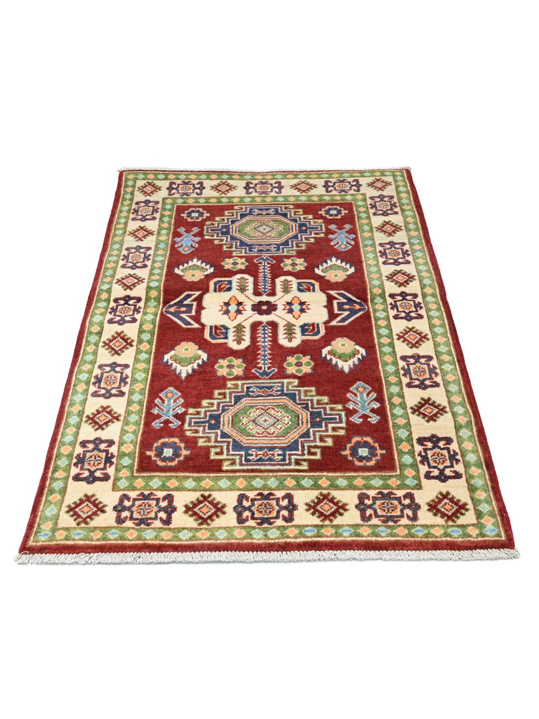 Alfombra Kazak de 100% lana roja y beige anudada a mano procedente de Afganistán