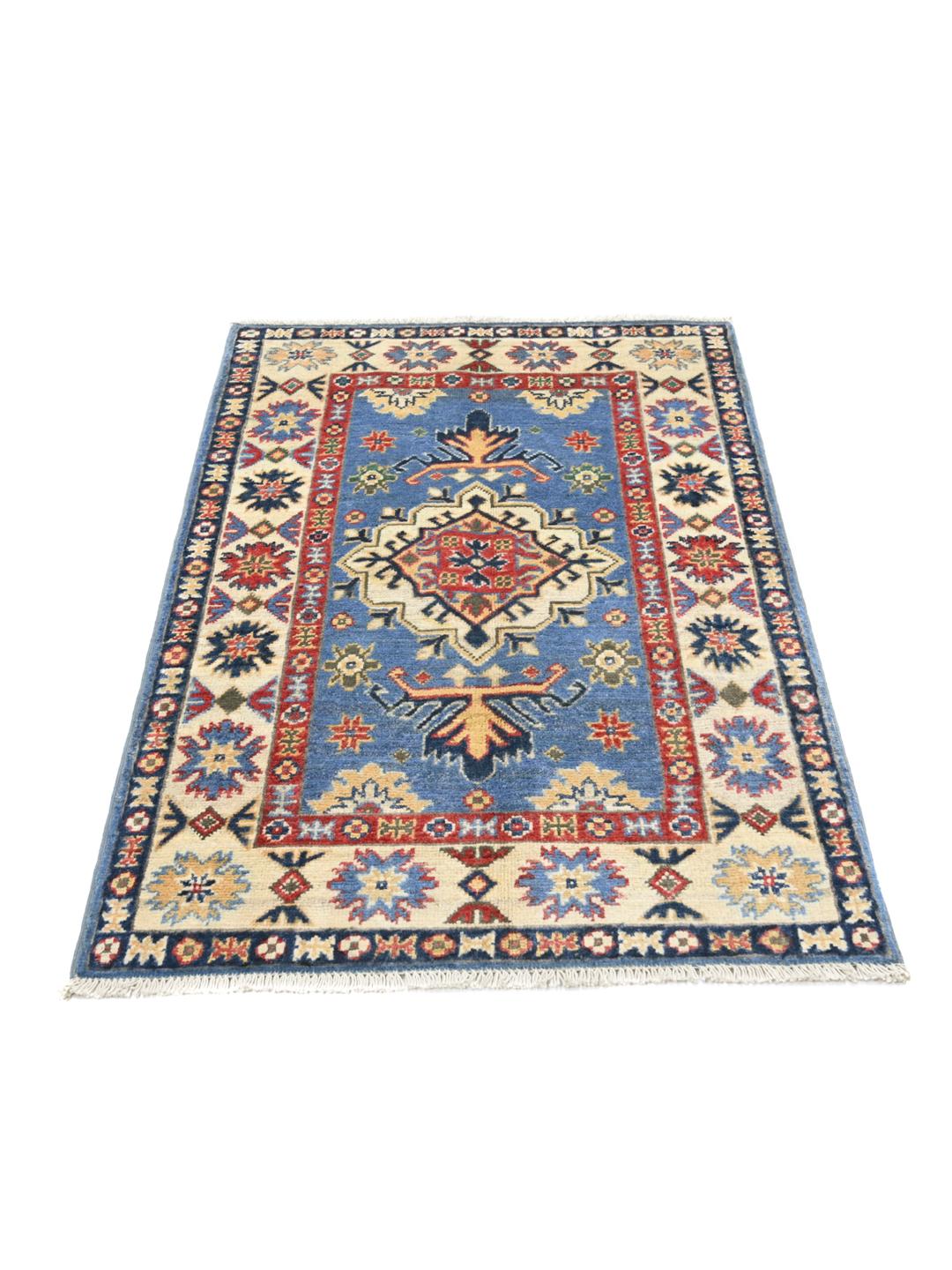 Handgeknoopt Kazak Fine tapijt uit Afghanistan in blauw en meerkleurig