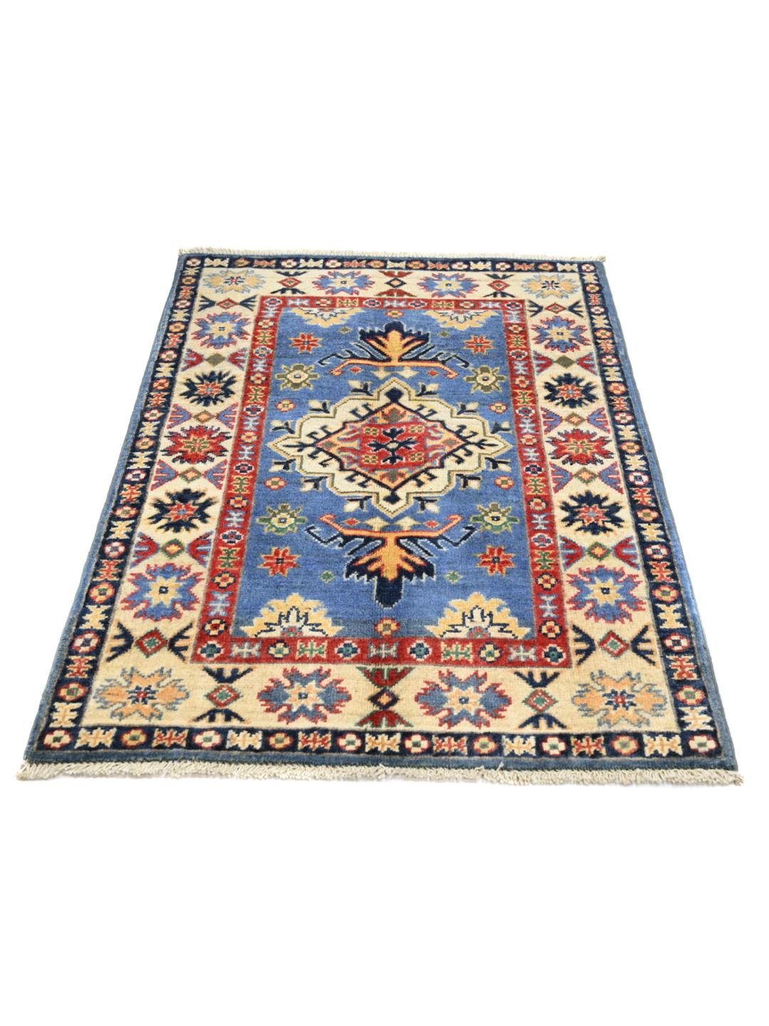 Handgeknoopt Kazak Fine tapijt uit Afghanistan in blauw en meerkleurig